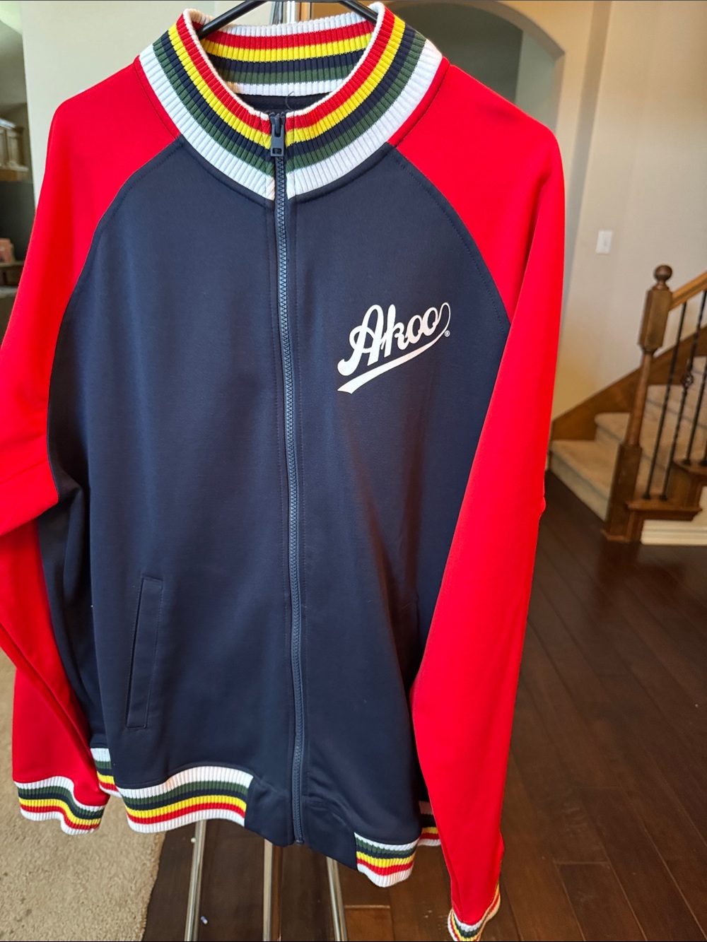 Akoo Navy and Red Bomber Jacket with Multicolor Striped Rib